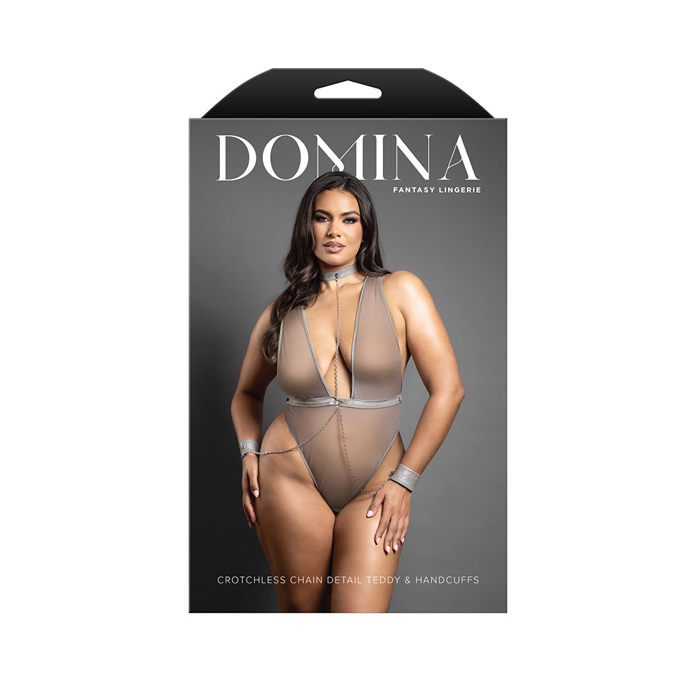Fantasy Lingerie Domina Crotchless Plunge Teddy with Chain-Link Choker & Detachable Cuffs Gray Queen Size