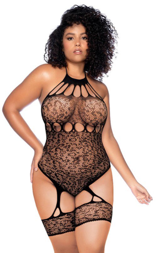 Leopard Halter Fishnet Bodysuit - Curve Os - Black