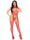 2 Pc Circle Net Cupless Suspender Lingerie Jumpsuit and Matching Panty - Os - Red - TruLuv Novelties