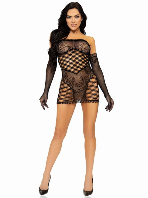 2 Pc Hardcore Net Tube Dress With Gloves - One Size - Black - TruLuv Novelties