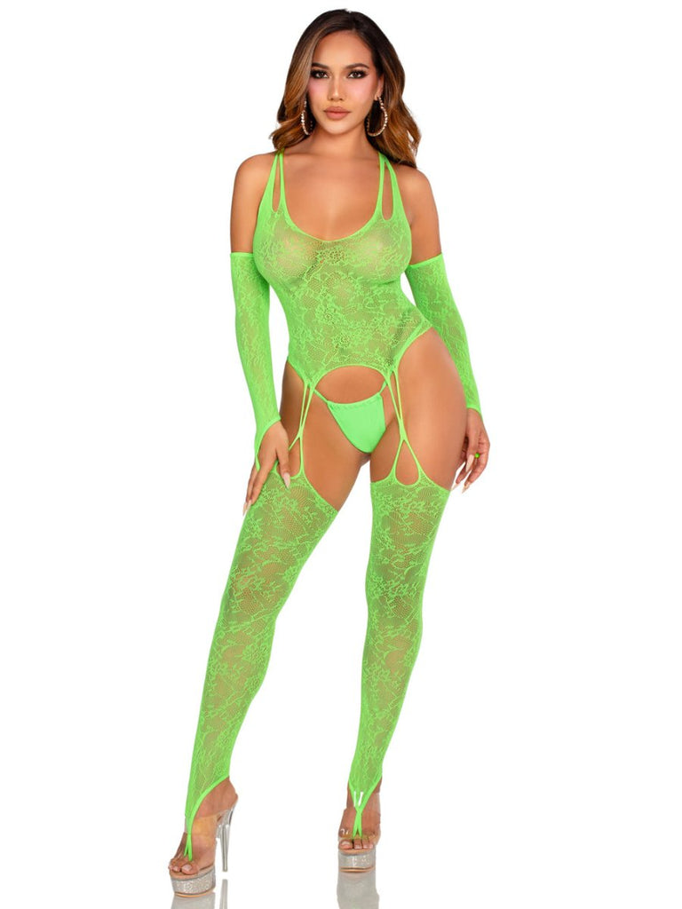 2 Pc Lace Halter Footless Cami Garter With Attached Toe Loop Stockings O/s - Neon Green - TruLuv Novelties