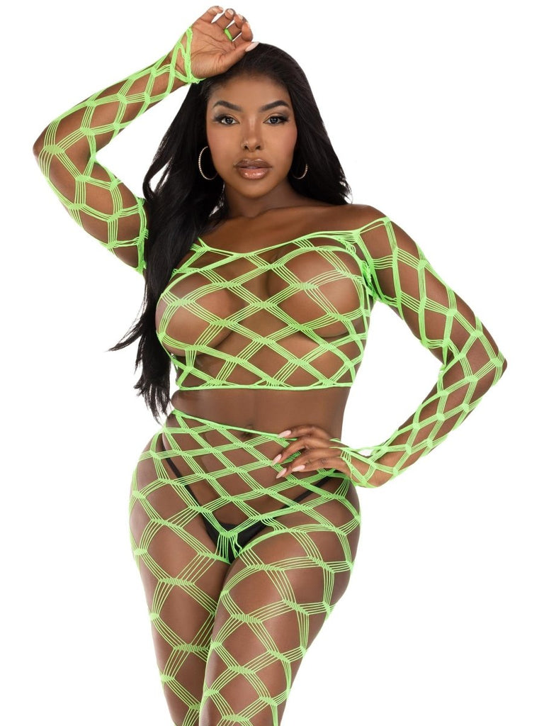 2 Pc Net Crop Top and Footless Tights - One Size - Neon Green - TruLuv Novelties