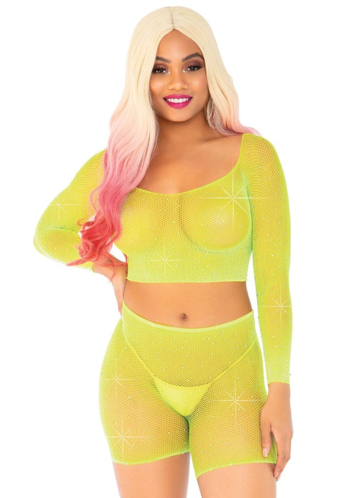 2 Pc Rhinestone Fishnet Crop Top and Biker Shorts - One Size - TruLuv Novelties