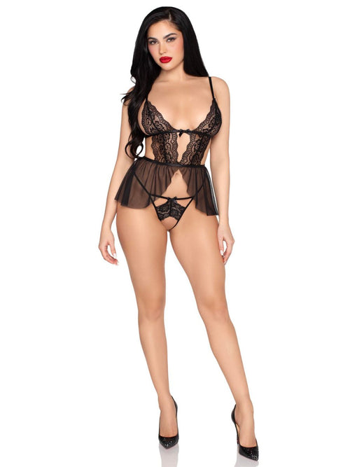 2 Pc Scalloped Lace and Mesh Babydoll and Matching Crotchless Panty - Large - Black - TruLuv Novelties