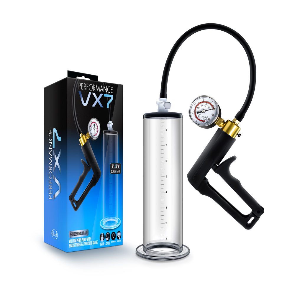 Performance - Vx7 Vacuum Penis Pump With Brass Trigger &amp; Pressure Gauge - Clear