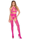 3 Pc Lace Open Cup Cross - Over Bra Top, Crotchless Panty, and Garter Belt Stockings - Os - Magenta - TruLuv Novelties