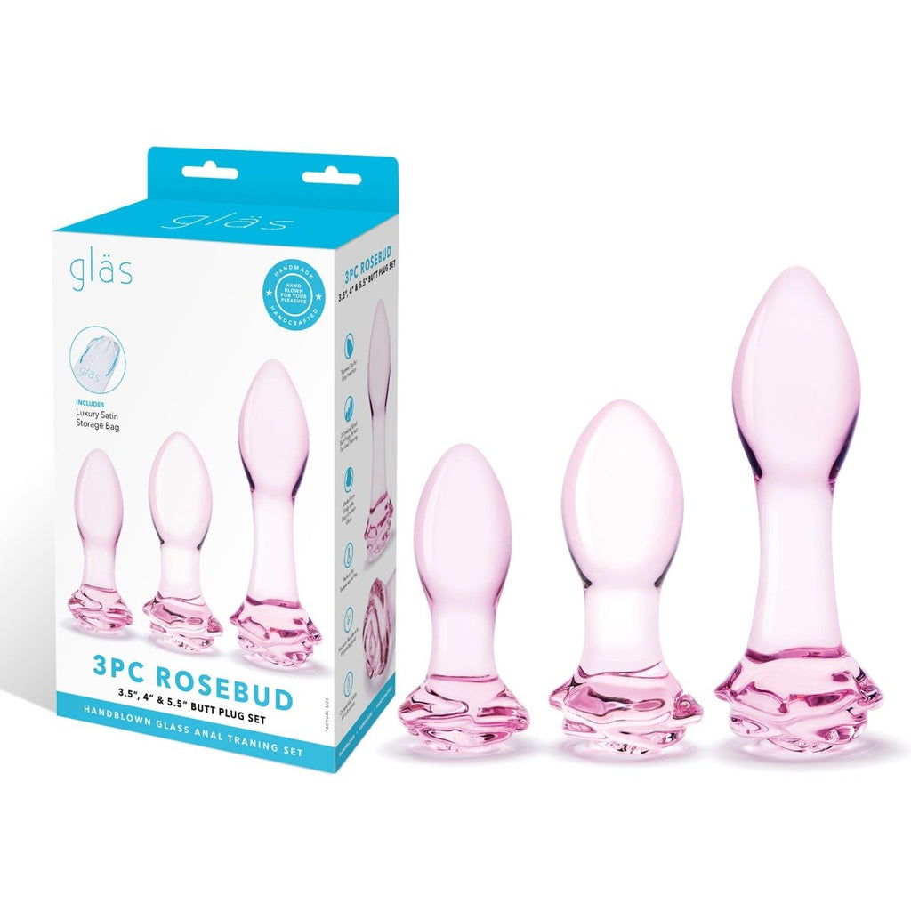 3 Pc Rosebud Butt Plug Set - Pink - TruLuv Novelties