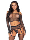 4 Pc Rhinestone Crop Top G - String Garter Belt and Stockings - One Size - Black - TruLuv Novelties