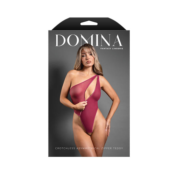Fantasy Lingerie Domina Crotchless One-Shoulder Teddy with Asymmetrical Front Zipper Berry L/XL