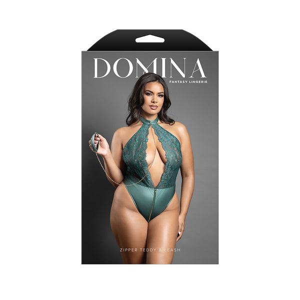 Fantasy Lingerie Domina Keyhole Halter Teddy with Detachable Chain-Link Leash Pine Green Queen Size