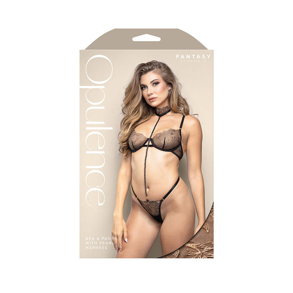 Fantasy Lingerie Opulence Underwire Bra & G-String with Removable Adjustable Pearl String Harness Black M/L