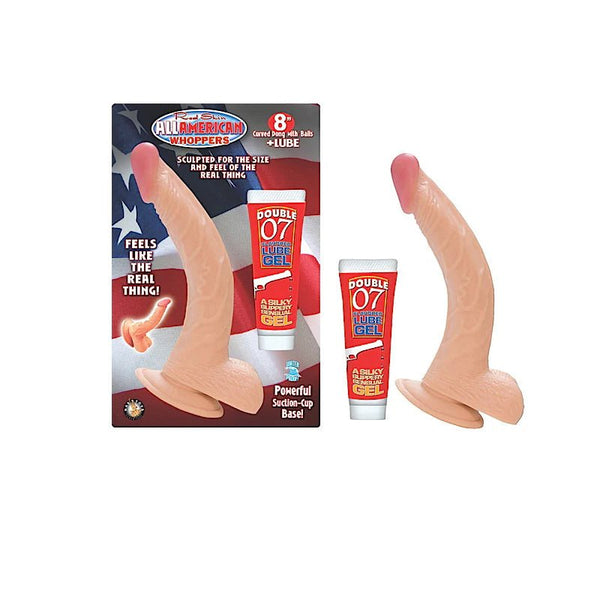 All American Whoppers 8 in. Curved Dong with Balls + Lube - TruLuv Novelties