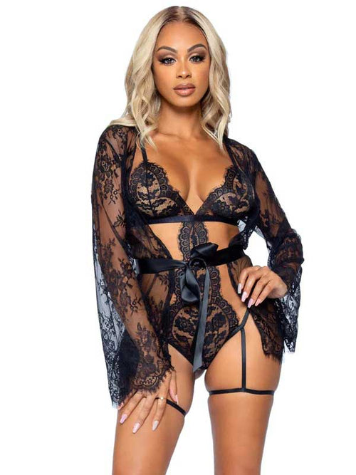 All Romance Lace Teddy and Robe Set - Large - Black - TruLuv Novelties