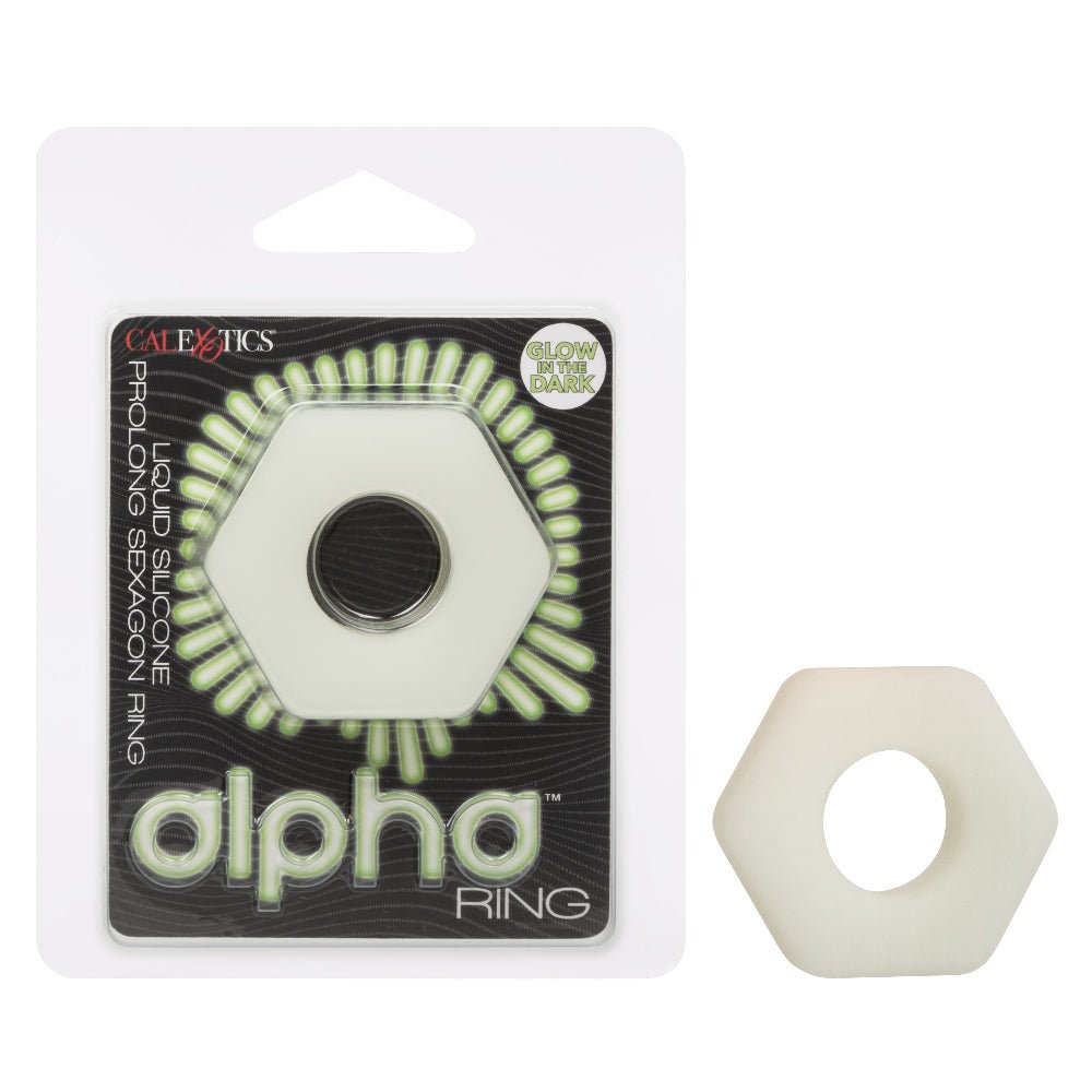 Alpha Glow-in-the-Dark Liquid Silicone Prolong Sexagon Ring - White - TruLuv Novelties