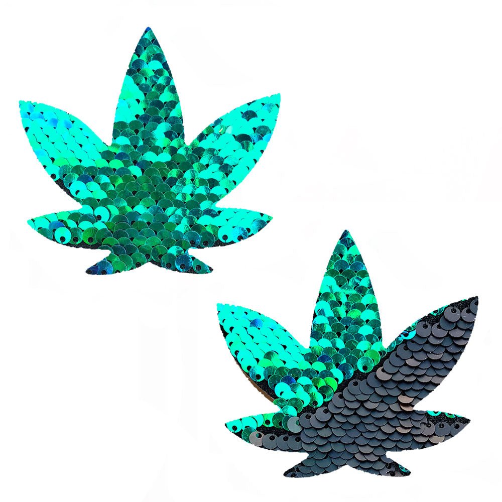 Ariel Green to Black Flip Sequin Gold Dope Af Weed Leak Pasties - TruLuv Novelties