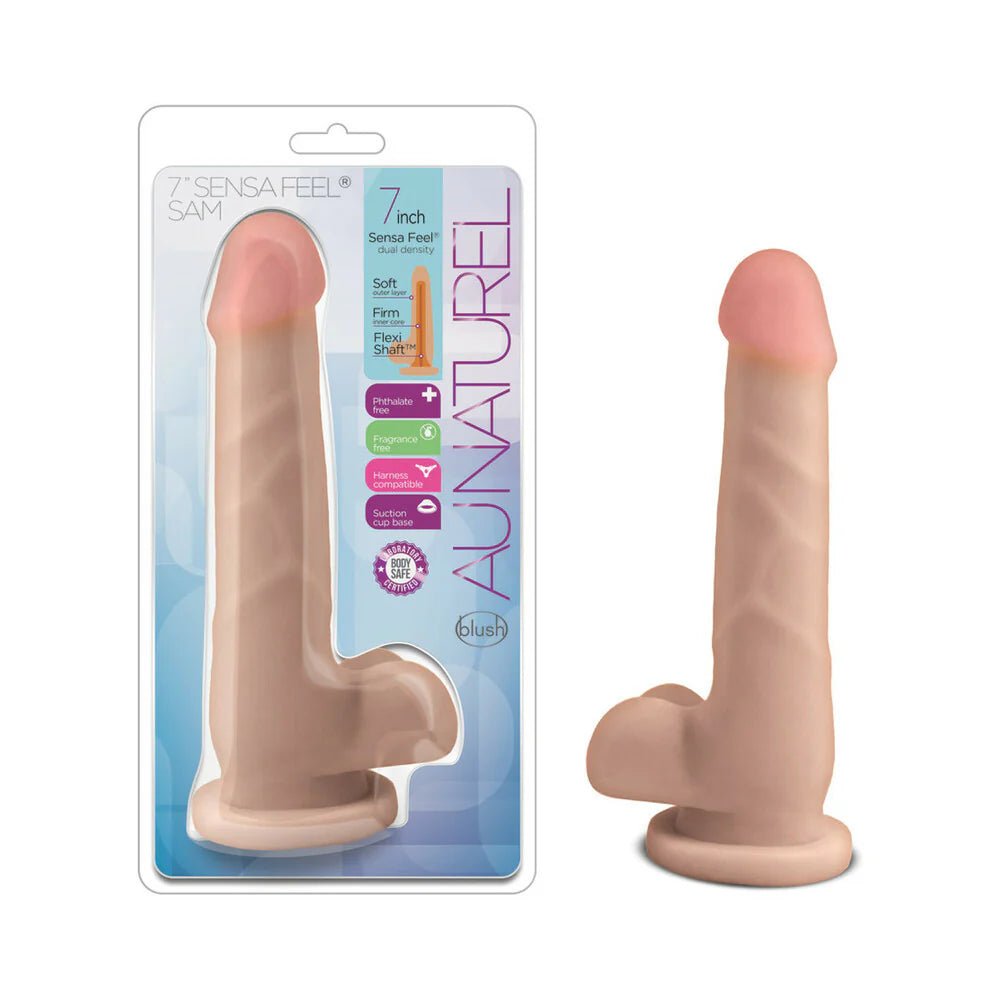 Au Naturel 7 in. Sam Posable Dual Density Dildo with Balls Beige - TruLuv Novelties