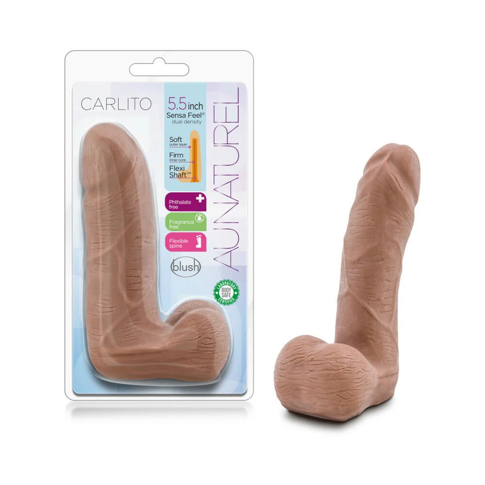 Au Naturel Carlito 5 in. Posable Dual Density Dildo with Balls Tan - TruLuv Novelties