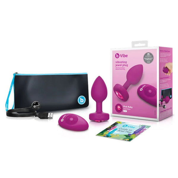 b - Vibe Vibrating Jewel Rechargeable Remote - Controlled Anal Plug with Gem Base Pink Ruby Small/Medium - TruLuv Novelties