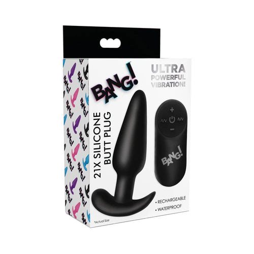 BANG! 21X Vibrating Silicone Butt Plug with Remote Control Black - TruLuv Novelties
