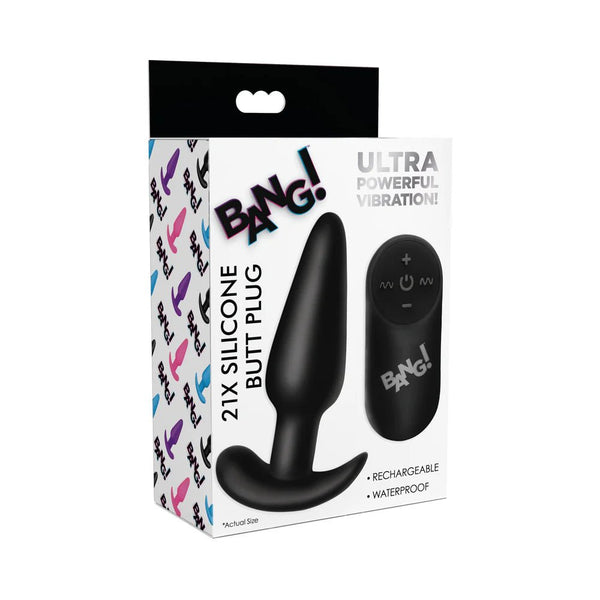 BANG! 21X Vibrating Silicone Butt Plug with Remote Control Black - TruLuv Novelties