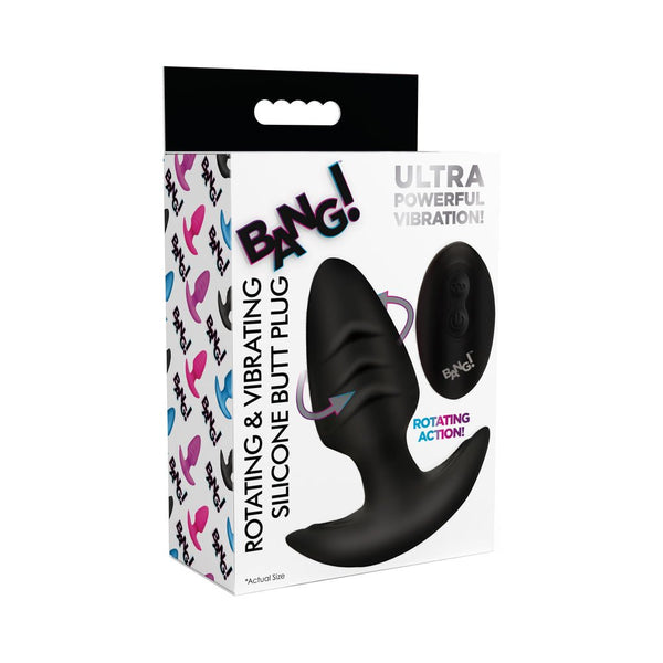 BANG! Rotating & Vibrating Silicone Butt Plug with Remote Black - TruLuv Novelties