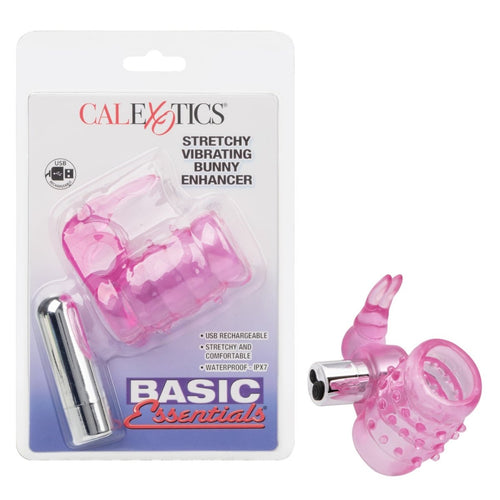 Basic Essentials Stretchy Vibrating Bunny Enhancer - Pink Rechargeable - TruLuv Novelties