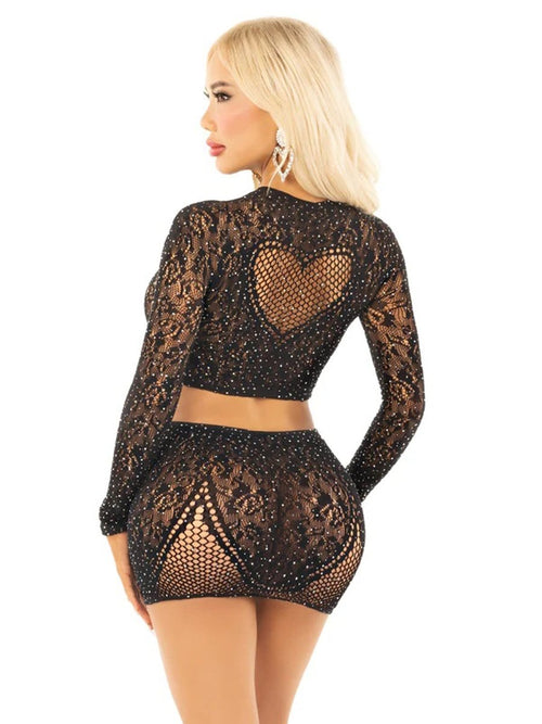 Black 2pc Rhinestone Lace and Net Crop Top with - Heart Keyhole Mini Skirt - Os - TruLuv Novelties