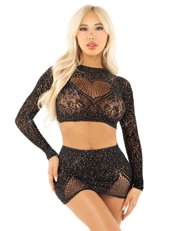 Black 2pc Rhinestone Lace and Net Crop Top with - Heart Keyhole Mini Skirt - Os - TruLuv Novelties