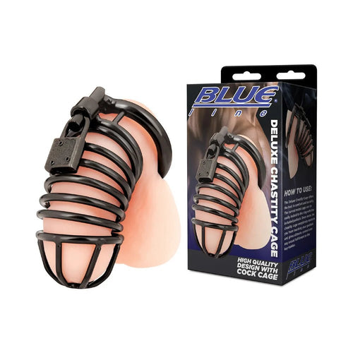 Blue Line Deluxe Chastity Cage Black - TruLuv Novelties
