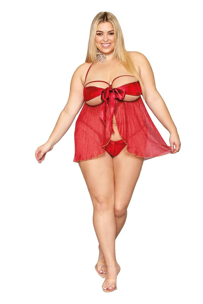 Bow Babydoll and Thong - Queen Size - Ruby - TruLuv Novelties