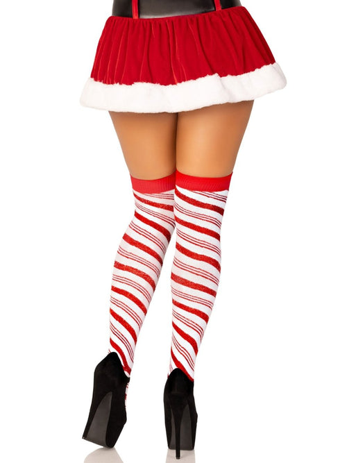 Candy Cane Lurex Striped Socks - Over the Knee - Os - White/red - TruLuv Novelties