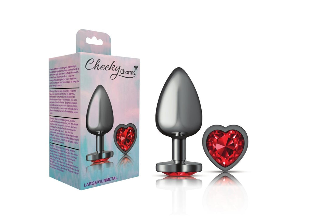 Cheeky Charms - Gunmetal Metal Butt Plug - Heart - Dark Red - Large - TruLuv Novelties