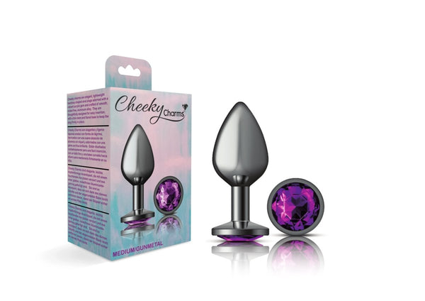 Cheeky Charms - Gunmetal Metal Butt Plug - Round - Deep Purple - Medium - TruLuv Novelties