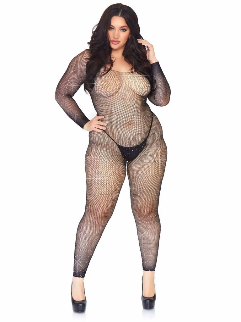 Crystalized Seamless Fishnet Long Sleeved Bodystocking - 1x-2x - Black - TruLuv Novelties