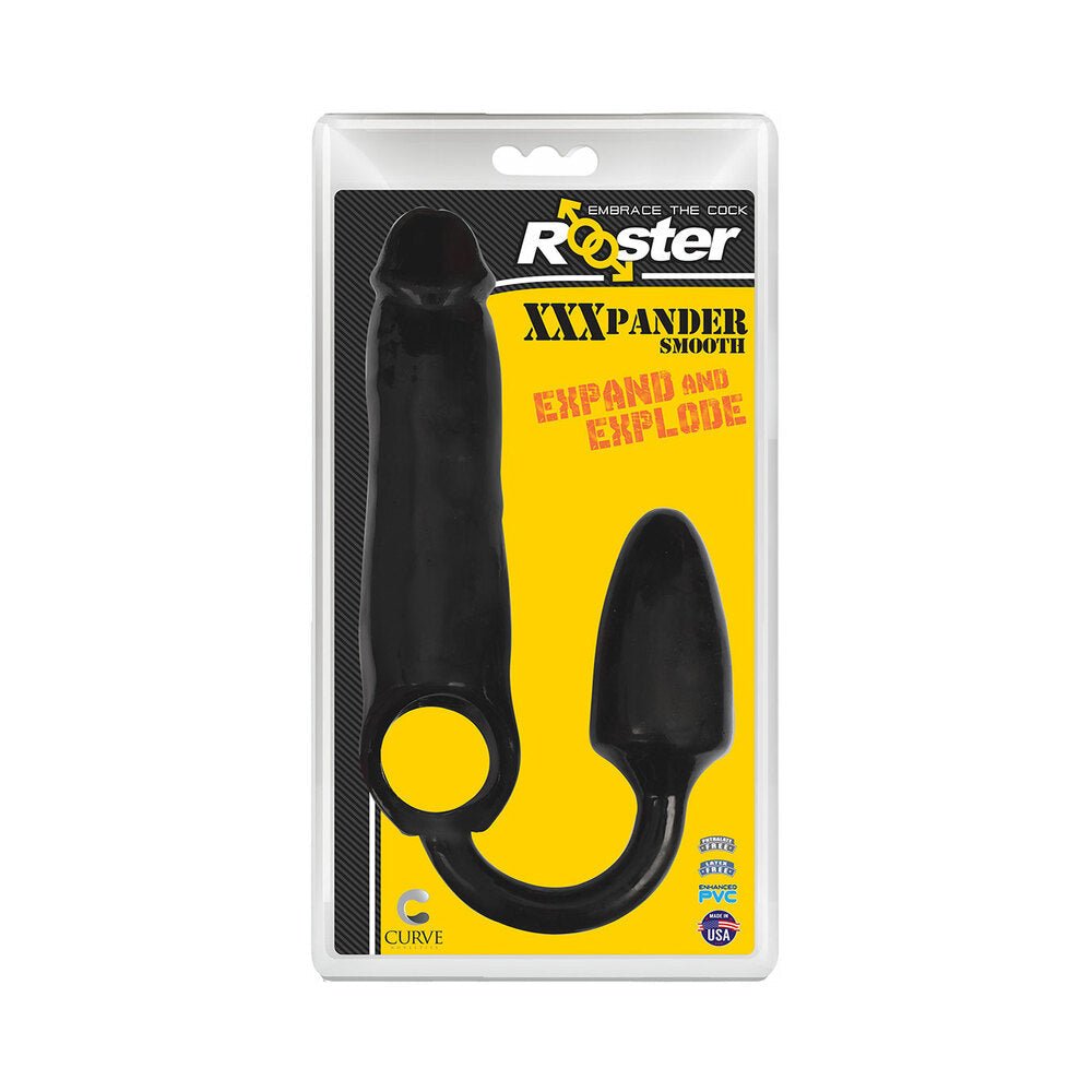 Curve Toys Rooster XXXPANDER Smooth Penis Extender Sheath with Cockring & Anal Plug Black - TruLuv Novelties