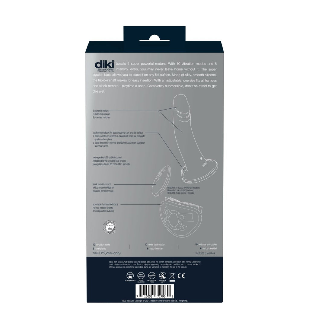 Diki Rechargeable Vibrating Dildo With Harness - Just Black - TruLuv Novelties