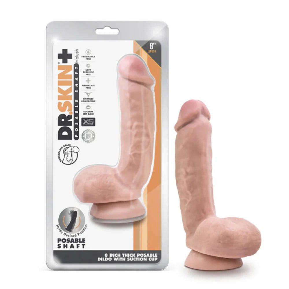 Dr. Skin Plus Thick 8 in. Triple Density Posable Dildo with Balls Beige - TruLuv Novelties