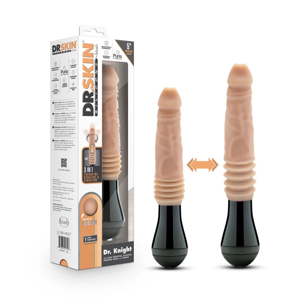 Dr. Skin Silicone Dr. Knight 10.5 in. Thrusting, Gyrating & Vibrating Dildo with Handle Beige - TruLuv Novelties