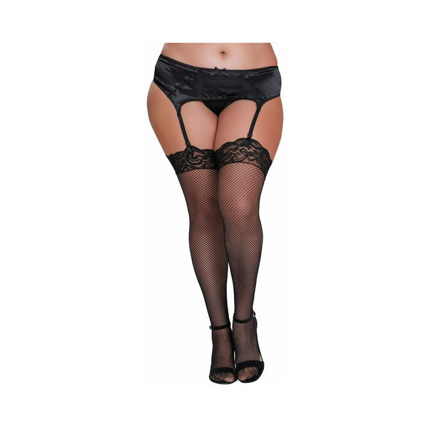 Dreamgirl Plus - Size Fishnet Thigh - High Stockings With Lace Top Black Queen - TruLuv Novelties