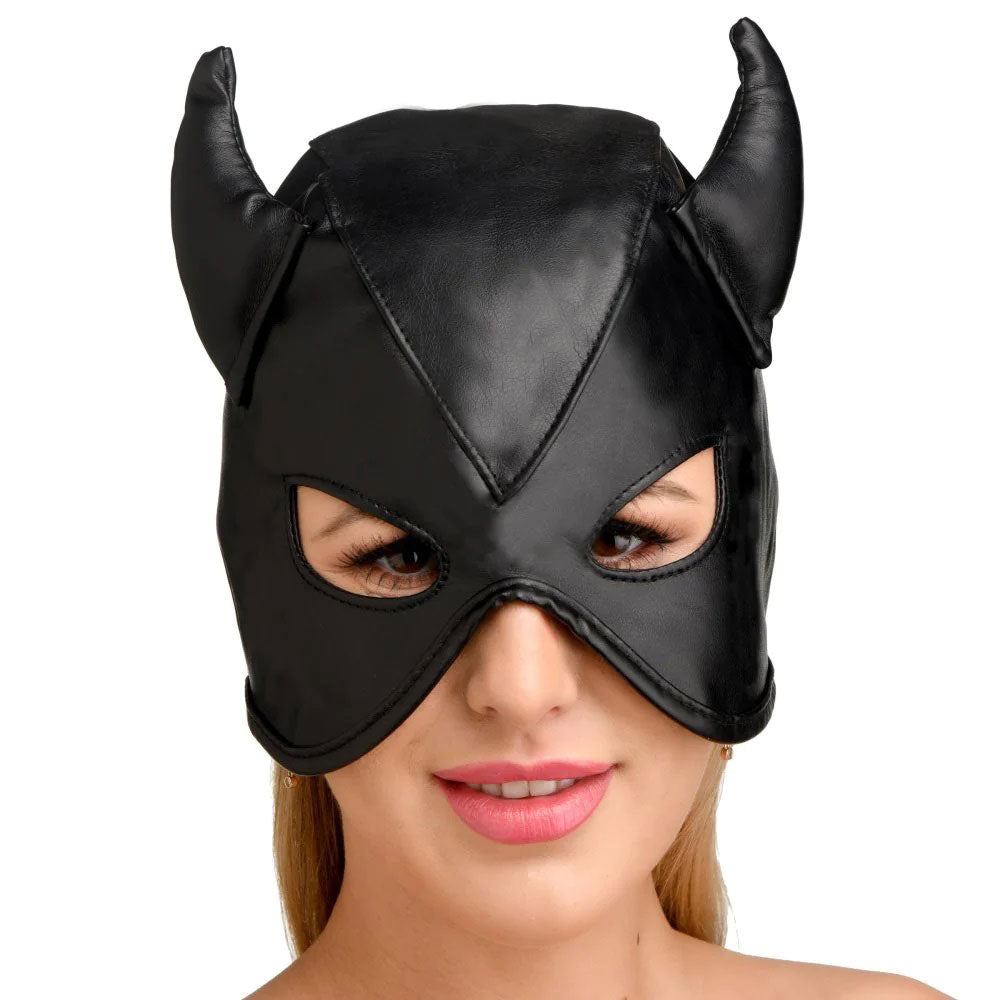 Dungeon Demon Bondage Hood With Horns - Black - TruLuv Novelties