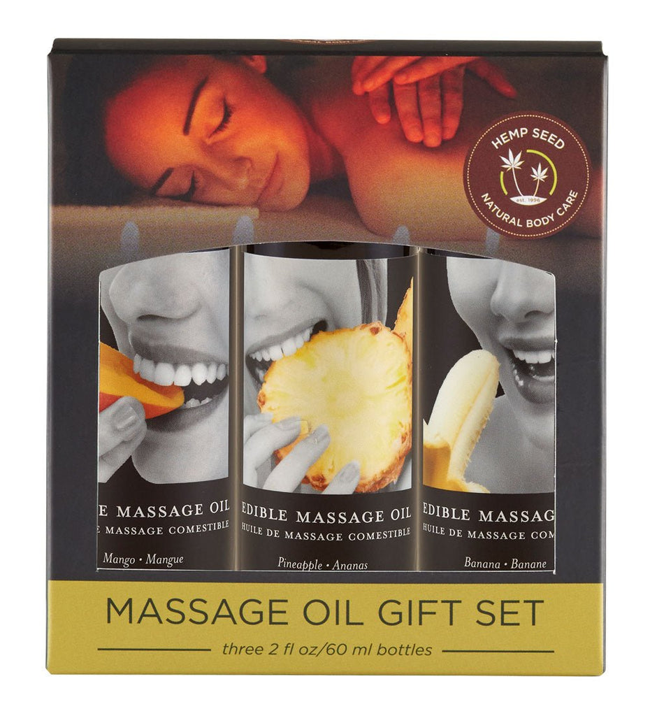 Edible Massage Oil Gift Set Box - 2 Fl. Oz. Bottles - Banana, Mango, Pineapple - TruLuv Novelties