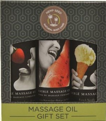 Edible Massage Oil Gift Set Box - 2 Fl. Oz. Bottles - Strawberry, Watermelon, Vanilla - TruLuv Novelties