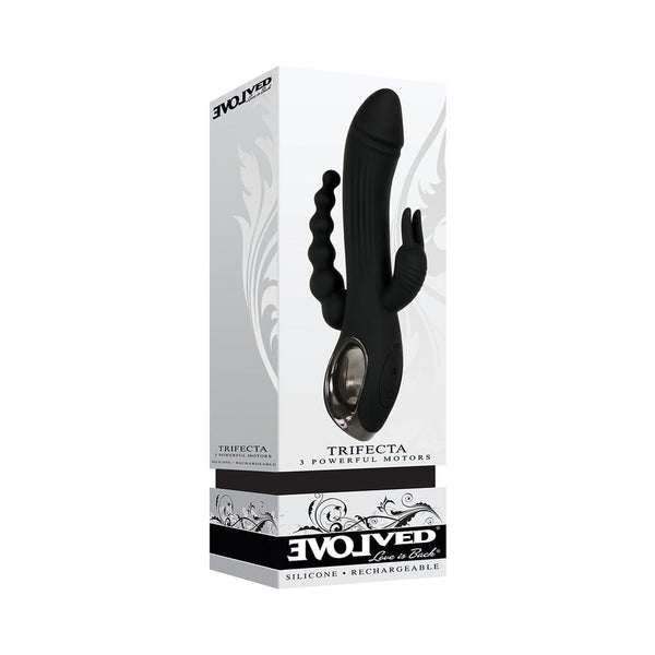 Evolved Trifecta Rechargeable Dual Entry Triple Stimulation Silicone Rabbit Vibrator Black - TruLuv Novelties