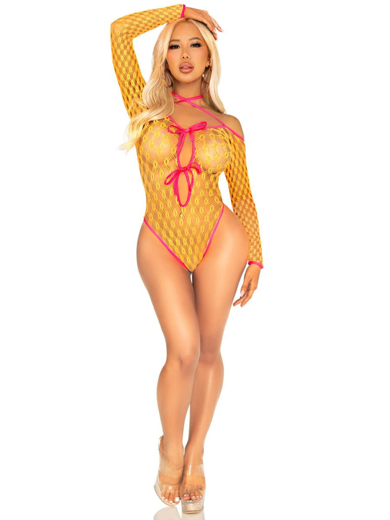 Eyelet Net Teddy With Tie - Front Keyhole Detail O/s - Neon Orange - TruLuv Novelties