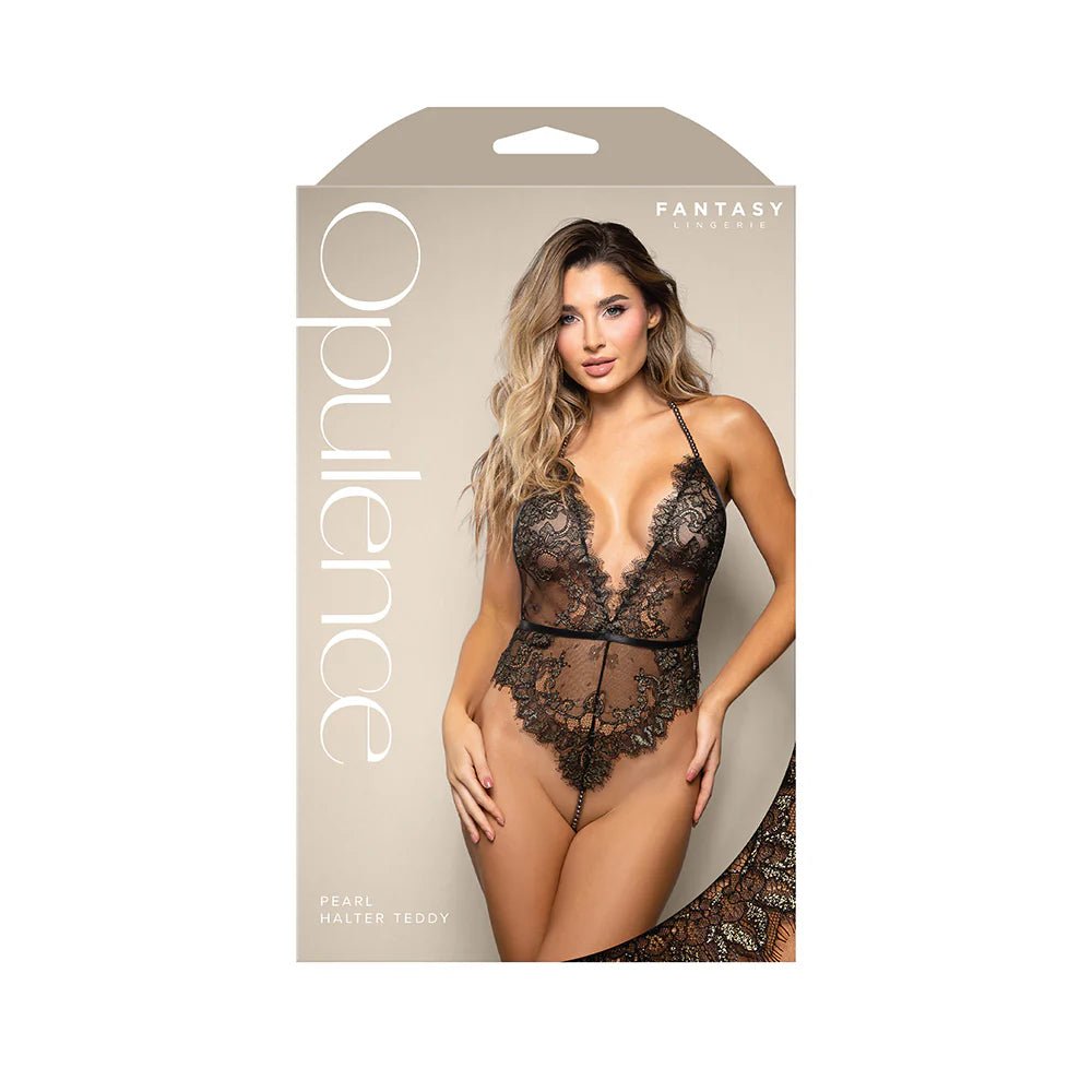 Fantasy Lingerie Opulence Shimmer Lace Pearl Halter Teddy with Open Back & Pearl String Crotch L/XL - TruLuv Novelties