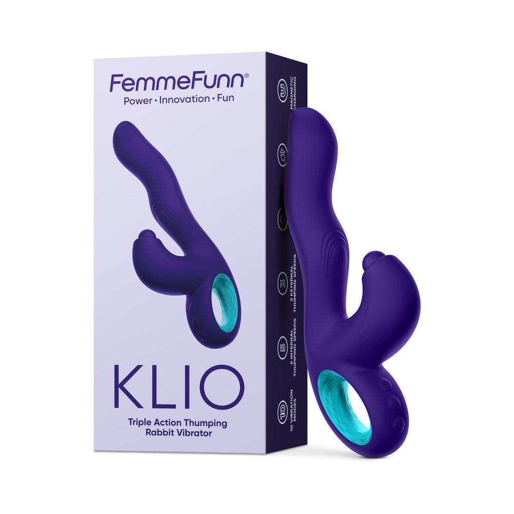 FemmeFunn Klio Rechargeable Silicone Triple Action Thumping Rabbit Vibrator Dark Purple - TruLuv Novelties
