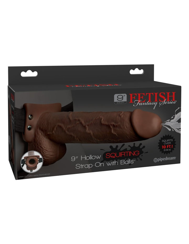 Fetish Fantasy Series 9 Inch Hollow Squirting Strap-on With Balls - Brown - TruLuv Novelties