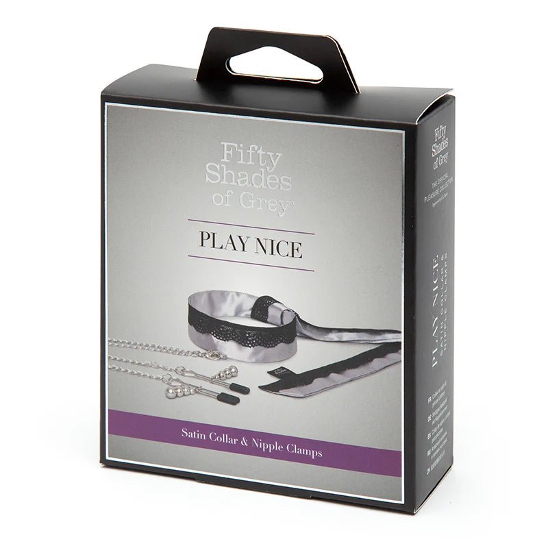 Fifty Shades of Grey Play Nice Satin Collar With Lace Trim & Adjustable Nipple Clamps Gray - TruLuv Novelties