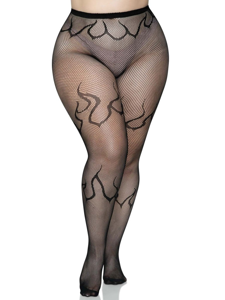 Flame Net Tights - 1x-2x - Black - TruLuv Novelties