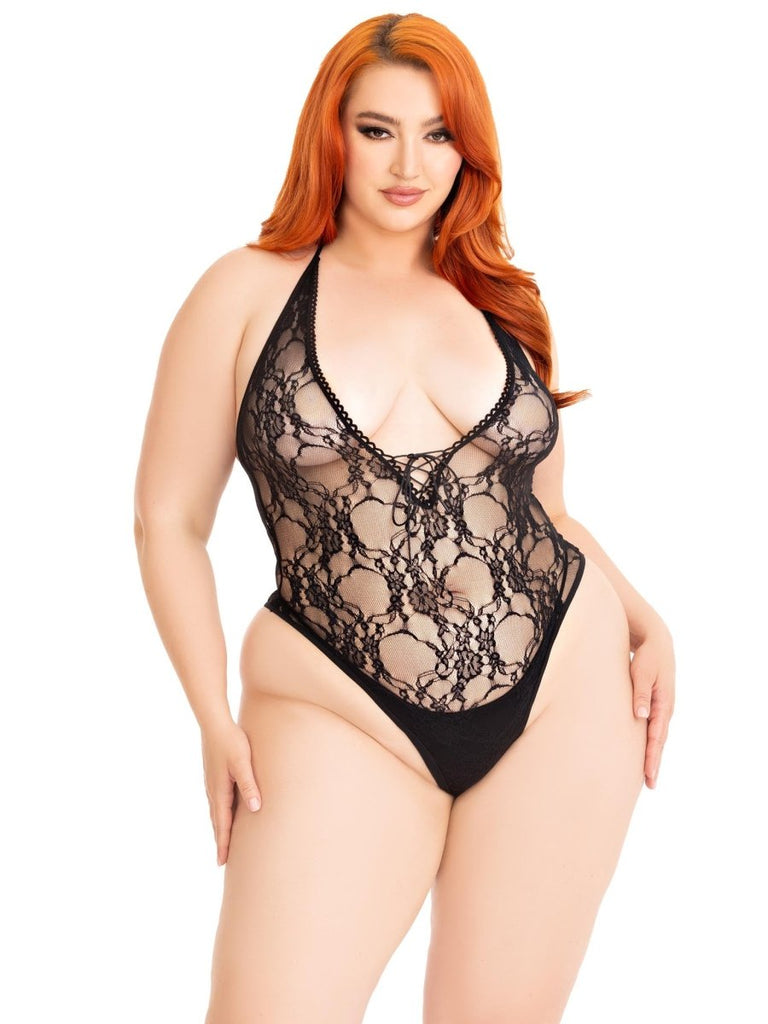 Floral Lace Deep-v Lace Up Teddy - 1x/2x - Black - TruLuv Novelties